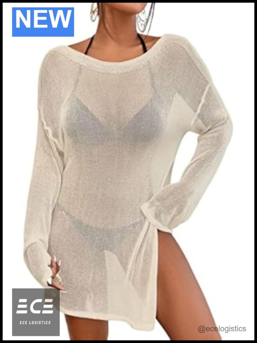 Crochet Mesh Beach Cover Up Long Sleeve Side Slit Tunic